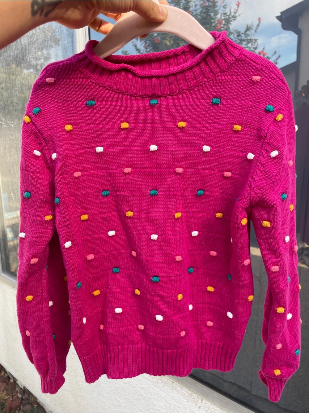 Andy & Evan Bright Fuchsia Crewneck Sweater with Multicolor Dot Accents